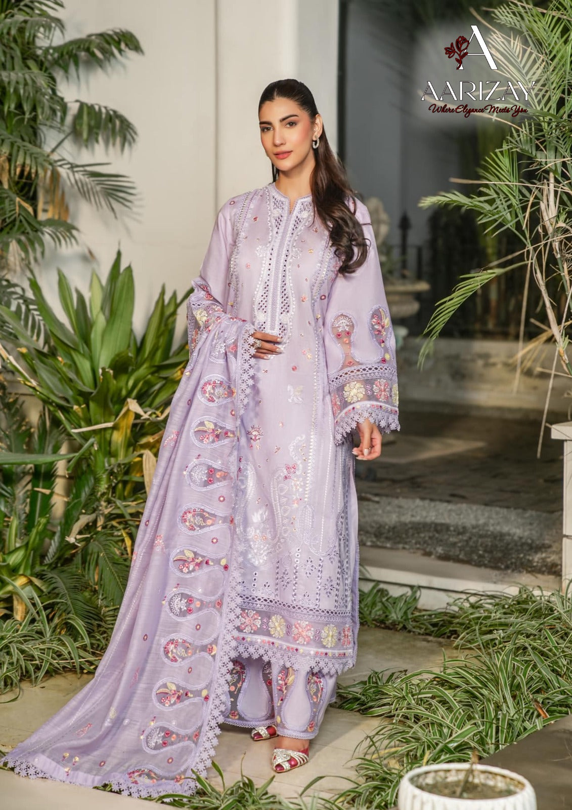 ANEELA Light Purple Spider Work Organza (AY0007)
